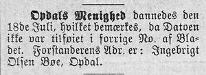 Notis i avisa Banneret fra Oppdal 15.8.1892.jpg