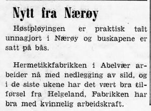 Notis med nytt fra Nærøy i Namdal Arbeiderblad 28.10.1950.jpg