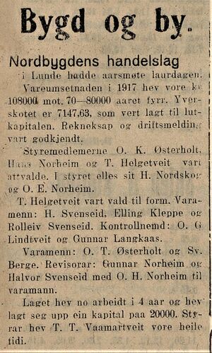 Notis om Nordbygdens handelslag i avisa Norig 12.03.1918.jpg