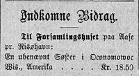 283. Notis om bidrag til menighetshus på Åse i avisa Banneret 15.8.1892.jpg