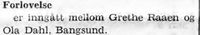 82. Notis om forlovelse mellom Grethe Raaen og Ola Dahl i Namdal Arbeiderblad 28.10.1950.jpg