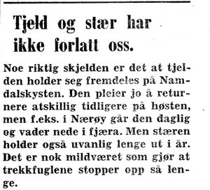 Notis om fuglers trekk i Namdal Arbeiderblad 28.10.1950.jpg