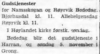 8. Notis om gudstjenester for Namsskogan, Røyrvik, Høylandet, Harran og Grong i Namdal Arbeiderblad 28. 10.1950.jpg