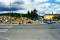 Olaussenhjørnet etter riving. Strømsveien 43. Stasjonsveien og Strømmen Storsenter i bakgrunnen.