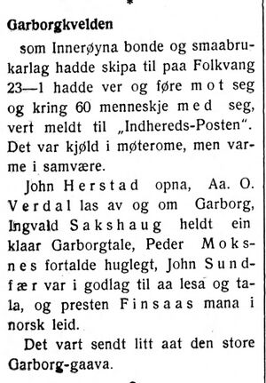 Omtale av Garborg-kveld på småbrukarlagsmøte i Indhereds-Posten 31.1.1921.jpg