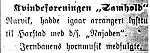 Omtale av kvinneforeningen "Samhold" i Harstad Tidende 7. juli 1913.jpg