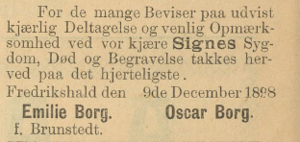 Oscar Borg annonse etter datteren Signess bortgang FredrikshaldsTilskuer, 09.12.1898.png