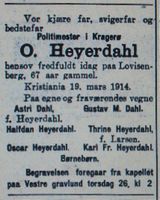 Dødsannonse for Oscar Heyerdahl, Aftenposten 23. mars 1914