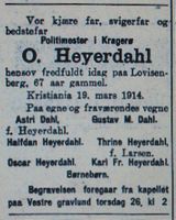 Dødsannonse for Oscar Heyerdahl, Aftenposten 23. mars 1914