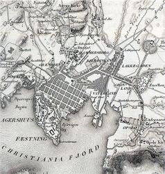 Kart Christiania 1840. Vi ser at det i Fjerdingen fortsatt var plass til havnehage for Youngs store besetning.