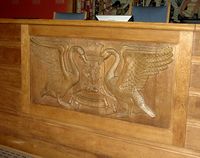 Relieff av St. Hallvard i tre i bystyresalen i Oslo rådhus. Foto: Stig Rune Pedersen