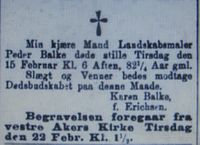 Faksimile fra Aftenposten 18. februar 1887: dødsannonse for Peder Balke.