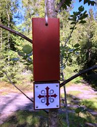 Skilt fra Pilegrimsleden over Gjelleråsen.