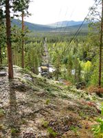 Den nye tid har innhenta kraftverket - og gått forbi. Kraftlinjene er resultat av Øvre Otta-utbygginga 2002, med kraft frå Framruste kraftverk i skogdalen som kan skimtast lengst borte. Foto: Hans P. Hosar, 2012.