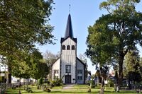 Kirkegata 21, Vestre kirke med sitt skjeve tårn. Foto: Roy Olsen (2019).