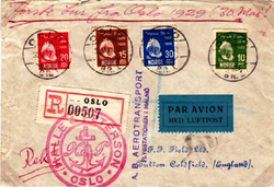 Brev sendt med første tur via Malmø til England 30.5.1929 med firmastempel fra Halle & Peterson, Oslo og A.B. Aerotransport, Malmø. Ill. Egil H. Thomassen.