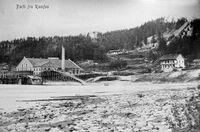 Ramfoss Træsliperi ca. 1920. Oppe i lia til høyre ser vi trallebanen som ble brukt til å frakte produktene opp til jernbanen.