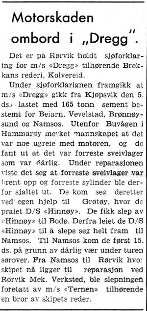 Referat fra sjøforklaring om ms Dreggs motorhavari i Namdal Arbeiderblad 28.10.1950.jpg