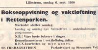Spesialannonse for bokseoppvisning og vektløfting den siste helgen i 1950.