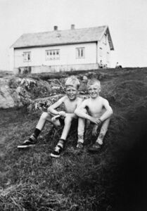 Huset til bnr 20 bak. Frå venstre: Otto Uthaug (bnr 66- Id) og Magnar Uthaug (bnr 64-2c).