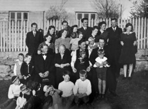 70-årsdag i 1946. Bak frå venstre (B=Børhaug, W=Wiken): Harry W, Margot B, Johannes B, Karstein B, Gudny B, Richard B, Ragna W. 2. rekkje frå venstre: Anna B, Olga W, Rita B (litt bak), Lillian B m/Jon, Konstanse Strand m/Eilif. 3 rekkje frå venstre: Amund Strand, Knut B, Rasmus og Lovise B, Alfred B m/Ingunn, Hjalmar W m/Robert. Heilt framme frå venstre: Eivind W, Magnus B, Einar B, Roald B, Leif B, Johan Strand.