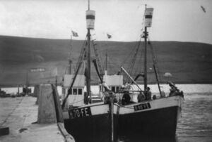 Kvalfangst på Shetland med M/S «Nordøysund» til høgre, til venstre gamle M/S «Bruvåg» H-70-FE. Byggeår ukjent, den vart forlengd i 1937 til 57,2 fot, motor 60 HK Union. Den heitte tidlegare «Alf». Eigarar Konrad Nestang, Ingvald og Peder Sulen, John og Karsten Kongestøl. Båten reiste til Shetland i 1941, sjå Fedjeb. s 269.