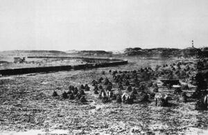 Frå torvtaking på Stormark i 1903, jernbanelina med tørkevogner til venstre. Torv som er såta eller krakka (for tørking) til høgre. Hellisøy fyr bak til høgre.