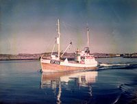 Her er «Bueland» på veg til fangstfeltet, lettbåten heng på slep.