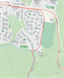 Sandbekken kart. Grense Rælingen/Lørenskog i rød strek.