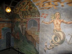 Fresker ved inngangen til Sjømannskolen i Oslo (1922–1924). Foto: Stig Rune Pedersen (2014).