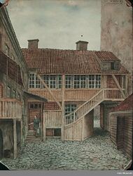 Svalgang og -trapp i Skippergata 14, malt i 1892. Maler: Henrik Laurentius Helliesen