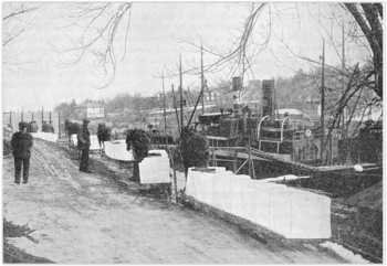 Foto fra 1917-20. Hester og sleder/slådder med isblokker på brygga ved den lille isbrygga ved Bryggebakken. Venter på å laste isen om bord i dampskip. Foran hestene ser vi isstabelen i vannkanten av Bryggebakken. Det er usikkert om isstablen var i bruk lenger da dette bildet ble tatt. Steinborg i bakgrunnen (Foto fra Killingstad: Røyken bygd før og nu 1928)