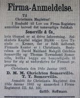 Faksimile fra Norsk Kundgjørelsestidende 22. januar 1883: bekjentgjøring av etableringen av firmaet Somerville & Co