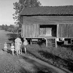 Else Søderstrøm går tur med tre av sine døtre og en kusine som var på besøk i 1964. Værhanen på toppen markerte byggeåret 1672. Under stabburet har Karl Tangerud plassert noen kjerrer.