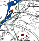 Kartskisse fra 1950 der veisystemet fra 1850 er lagt inn med grønt. Planketrafikken mot Gamle Strømsvei gikk opp Gislebakken. Det måtte anlegges bomvokterstue da Hovedjernbanen kom i 1852-54.