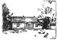 Tegning av Harald Farup som viser den første bygningen til Sten skole, den sto ferdig i 1844. Sten var den første kommunale fastskolen i Skedsmo. Navnet Sten stammer fra en stor stein som lå der da skolen bleygd, den er senere sprengt vekk.