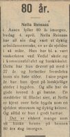 Nella Reinaas 80 år, mangeårig vaskekone ved Vedul skole. Stjørdalens Blad 3. april 1930.