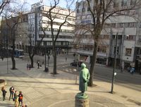 Utsikt fra Nationaltheaterets balkong mot Stortingsgata. Foto: Stig Rune Pedersen