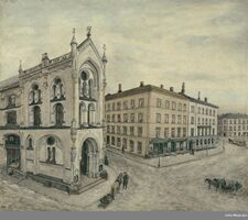 Mars 1885: Stortingsplass malt i mars 1885 med Centralgården til venstre og politimester Morgenstiernes gård, senere ble Tostrupgården ble oppført her i 1896/1897 etter at gullsmed Jacob Tostrup hadde kjøpt de to gårdene i 1885 og i 1895.