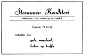 Denne annonsen i Velnytt forteller at Strømmen Konditori nå drives av fru Hansen og fru Langård.