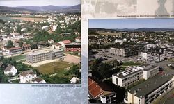 Luftfoto av Strømmen med Damhauggården og Museene i Akershus, MiA 1959 og 2013.