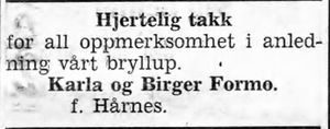 Takkeannonse fra Karla og Birger Formo i Namdal Arbeiderblad 28.10.1950.jpg