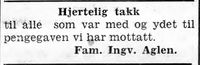 59. Takkeannonse fra familien Ingv. Aglen i Namdal Arbeiderblad 28.10.1950.jpg