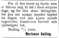 419. Takkeannonse fra fru Marianne Hatling i Indtrøndelagen 18.4.1900.jpg