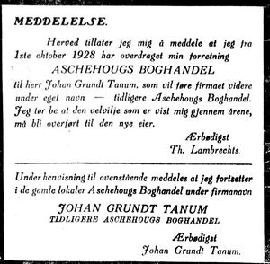 Tanum bokhandel meddelelse Aftenposten 1928.JPG