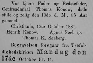 Thomas Konow dødsannonse Aftenposten 1881.JPG