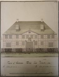 Tollboden fra 1770-åra, den tredje i rekka. Tegning signert Peter Meyn, 1783 - to år før den brant. Fra Riksarkivet, GTK 81.