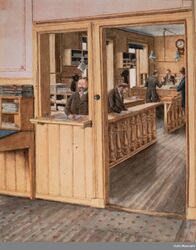 Interiør i Tollboden i en akvarell fra 1891 av Henrik Laurentius Helliesen