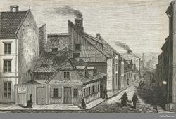 «Fra det gamle Kristiania. Tomtengadens Udmunning i Jernbanetorvet». Oslo Museum (1878)
