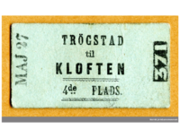 Billett for strekningen Trøgstad-Kløften (Jessheim-Kløfta), fra perioden 1855-1860. Foto: DigitaltMuseum, https://digitaltmuseum.no/